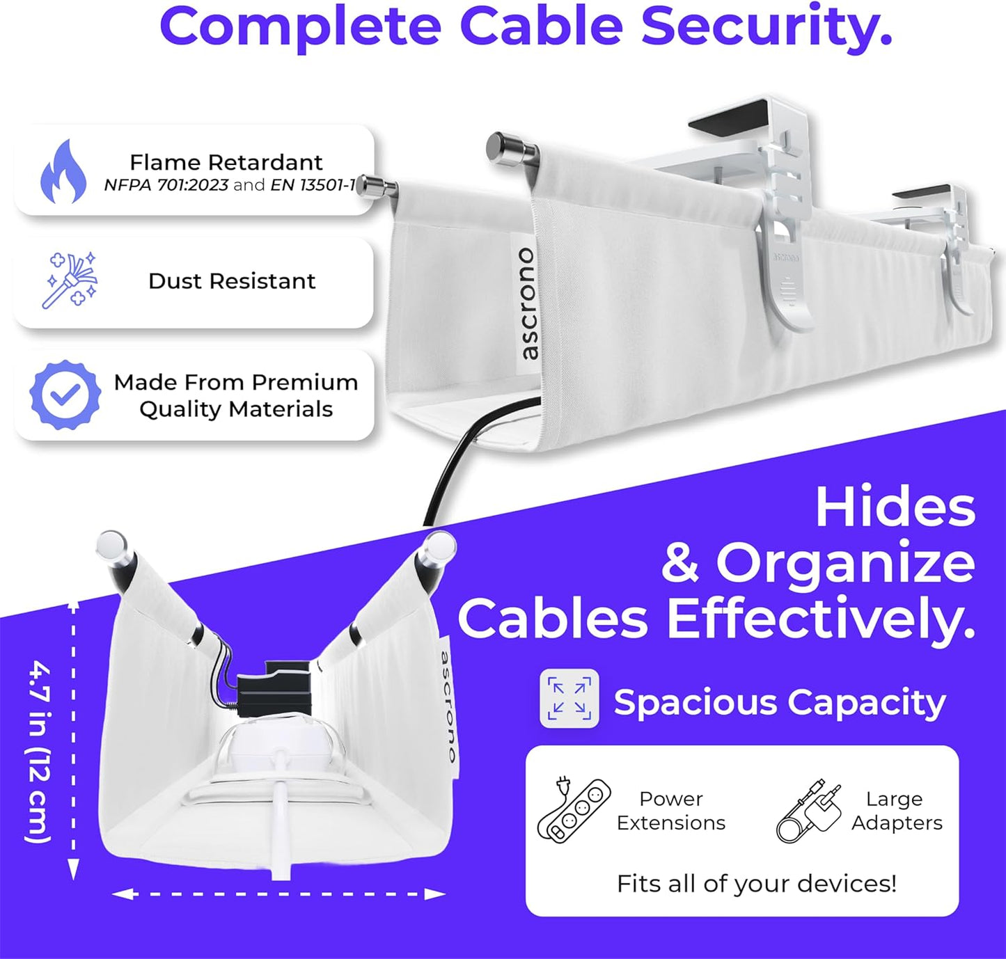 Original No Drill Under Desk Cable Management Tray 14.1" - Premium White Fabric Cable Management Under Desk - Clamp/Screw Mount Cord Organizer - Supports Upto 66lbs