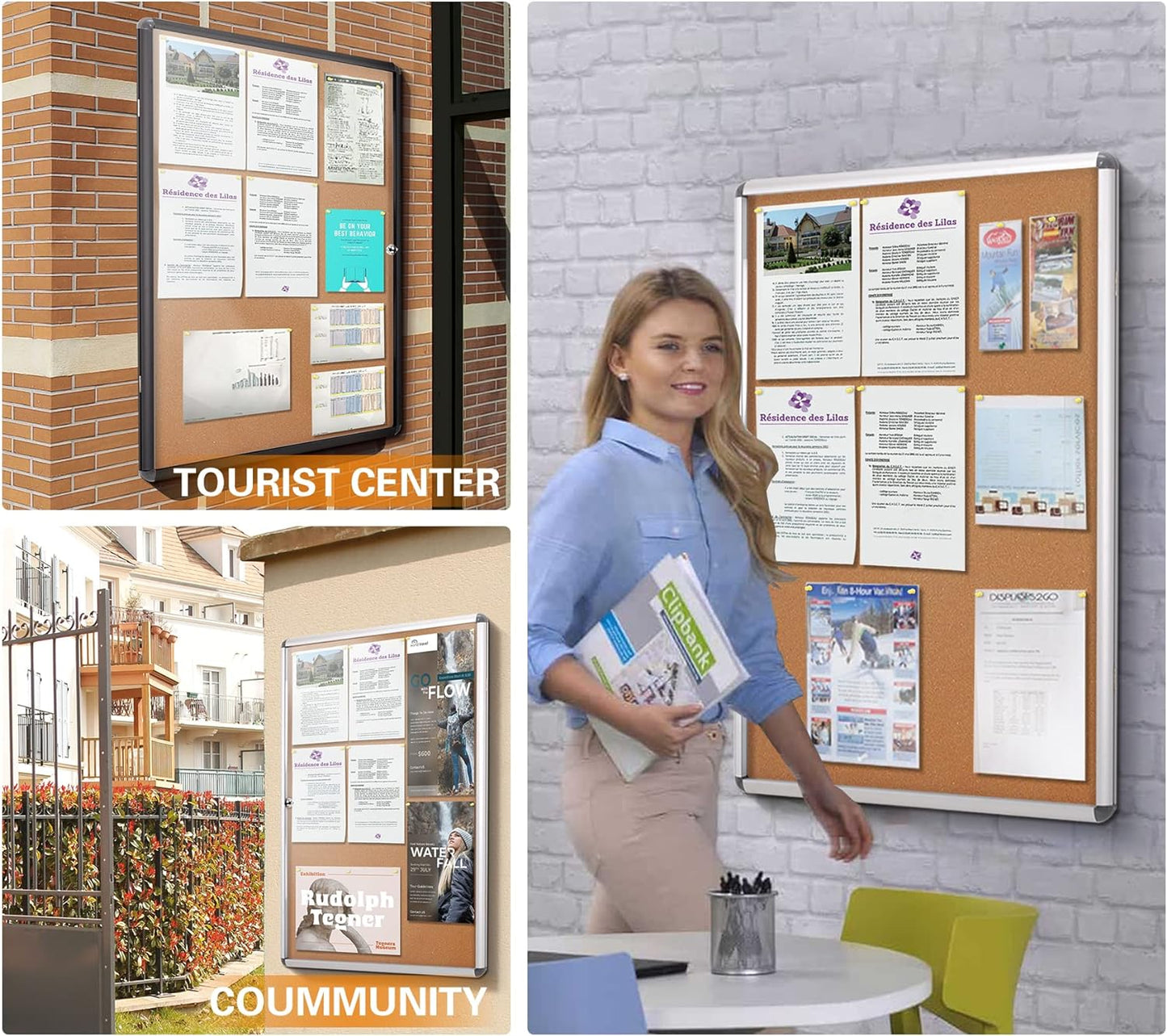 SWANCROWN Enclose Bulletin Board Case Big School Cork Pin Noticeboards Secure Cabinet for Message Guide 38x38inches (12xA4)