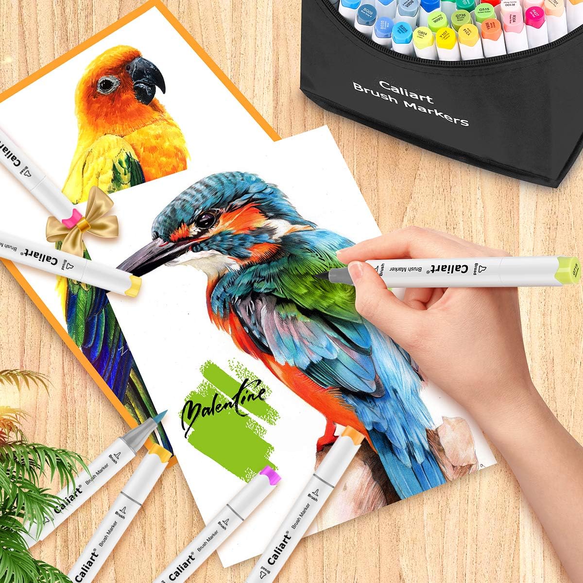 Caliart 101 Colors Brush & Chisel Alcohol Markers for Adult Coloring Book, Dual Tip Artist Sketch Art Markers, Aesthetic Cute Preppy Stuff School Supplies, Pens for Lettering Drawing Cards Planner
