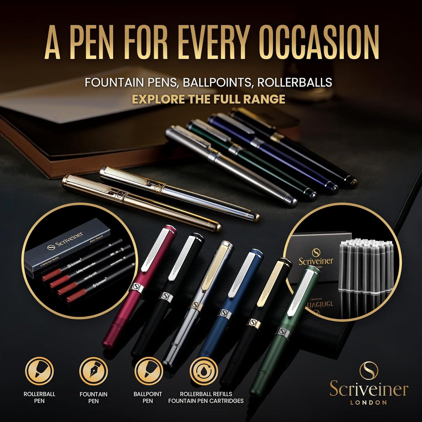 Scriveiner Fountain Pen Ink Cartridges - Black - 20 Standard International, Made in UK, The Best Cartridge for Your Scriveiner Pen, Refill Size Fits A Wide Range of Fountain Pens