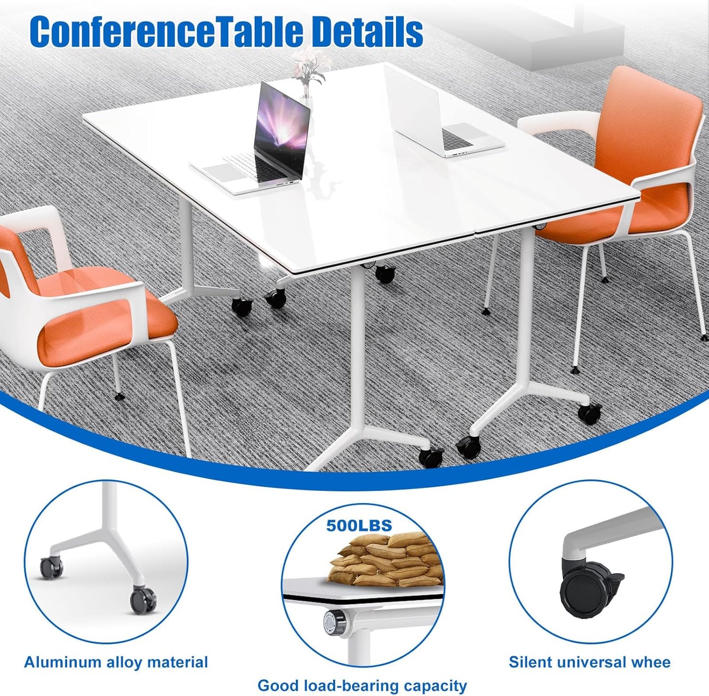 Conference Table, Folding Conference Desk Modern White, Seminar Table with Wheels, 2-10 People for Office, Meeting Break Room (6, 1915, 55IN)