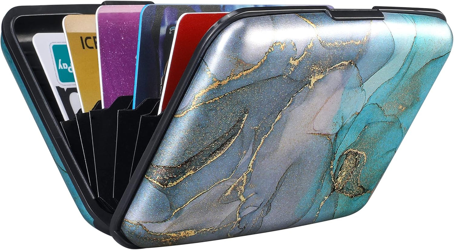 ELFISH Mini RFID Aluminum Wallet Credit Cards Holder Business Card Case Metal ID Case for Men Women(Blue Purple Marble