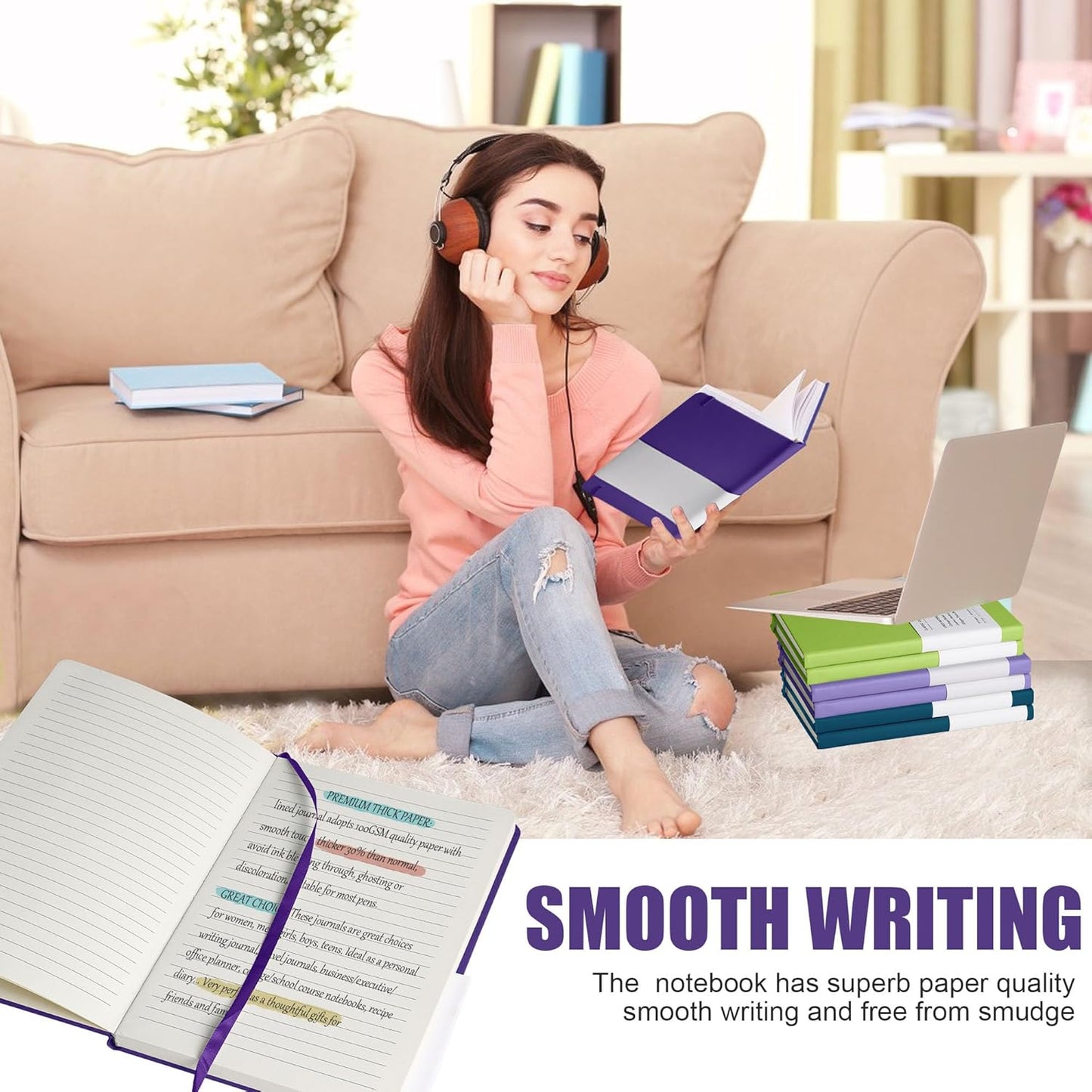 Lined Journal Notebook, 160 Pages, Medium 5.7 inches x 8 inches - 100 gsm Thick Paper, Hardcover (1, Purple)