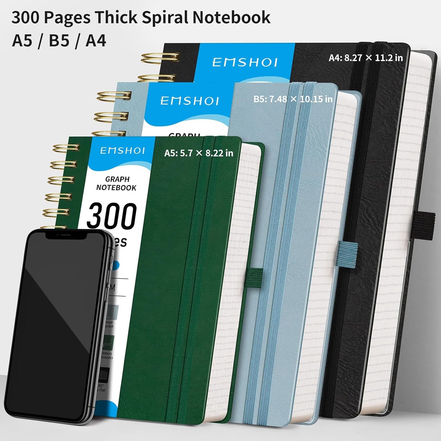 EMSHOI Spiral Graph Paper Notebook - 300 Pages, 100 GSM Thick Grid Notebook, A4 Large Hardcover Leather Journal for Women Men Work School Writing Engineering Graphing, 8.27" x 11.2", Black