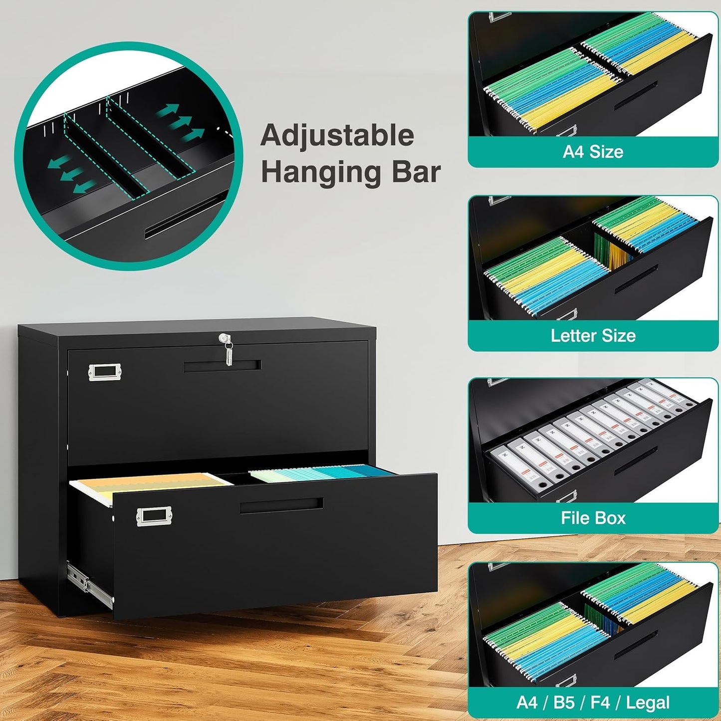 SISESOL 2 Drawer Lateral File Cabinet with Lock,Black Lateral Filing Cabinet,Horizontal Metal Filing Cabinets,Locked Wide Two Drawer File Cabinets for Office Home,Fit A4/F4/Letter/Legal File
