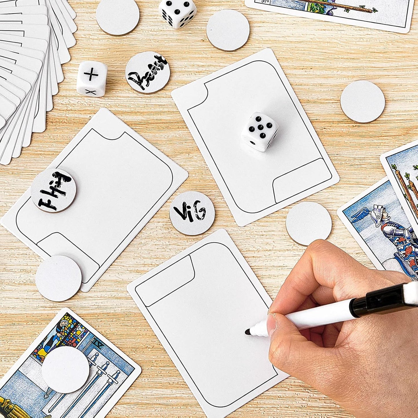 Teling 24 Pcs Reusable Multifunctional Tokens Dry Erase Cards White Blank Flash Erasable Index Cards, 24 White Erasable Plastic Counters Gaming Tokens Discs and 5 Marker Pens for Game