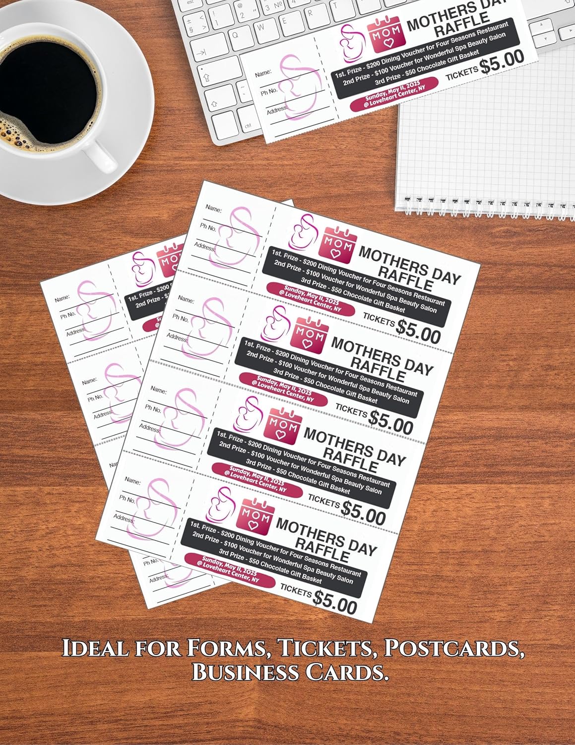Limited Papers (TM) 8.5x11 Perforated Paper, 20/50 Pound, 75 GSM, Variety of Perforation Sizes and Colors, for Forms, Tickets, Postcards, Business Cards. (Cherry, 4 up - horizontal every 2.75")