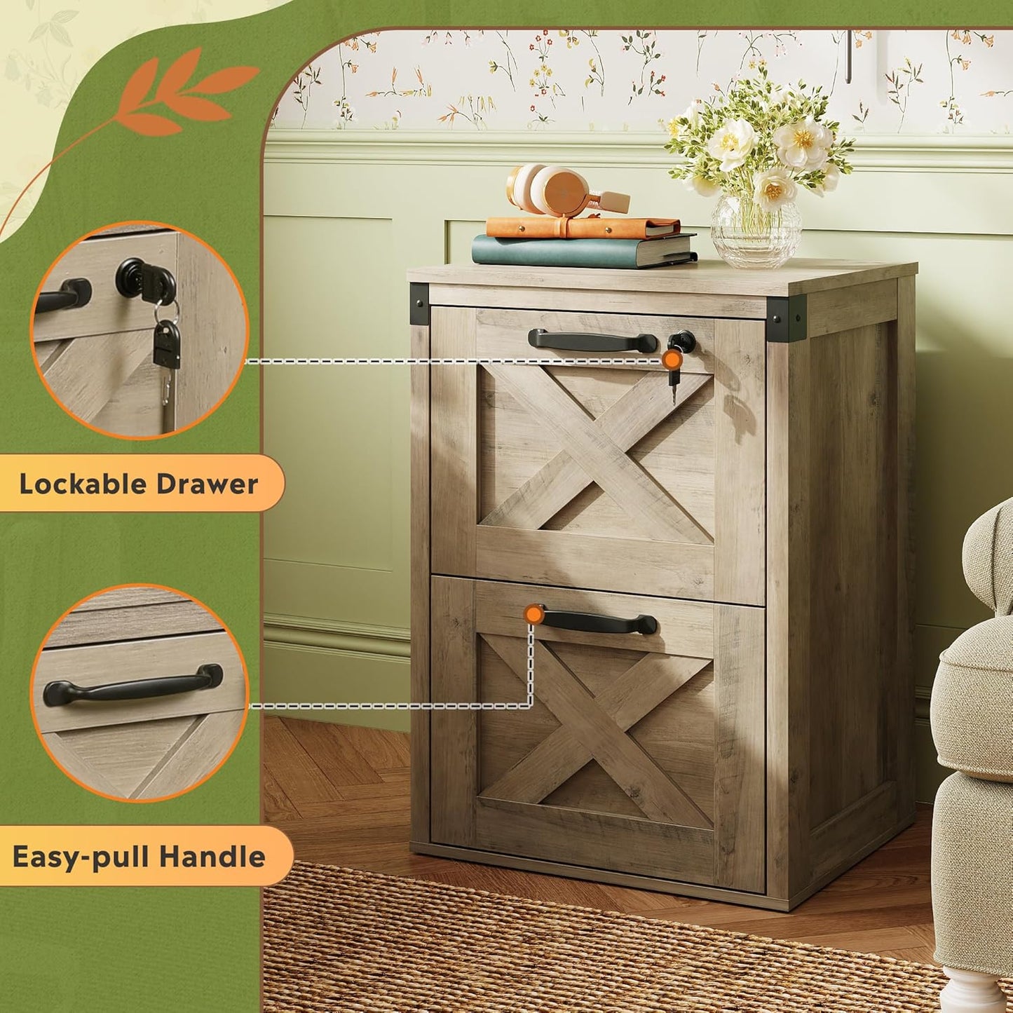 DEVAISE 2 Drawer File Cabinet with Lock, Wood Farmhouse Filing Cabinet for Home Office, Printer Stand Fits Letter and A4 Size, Gray Oak