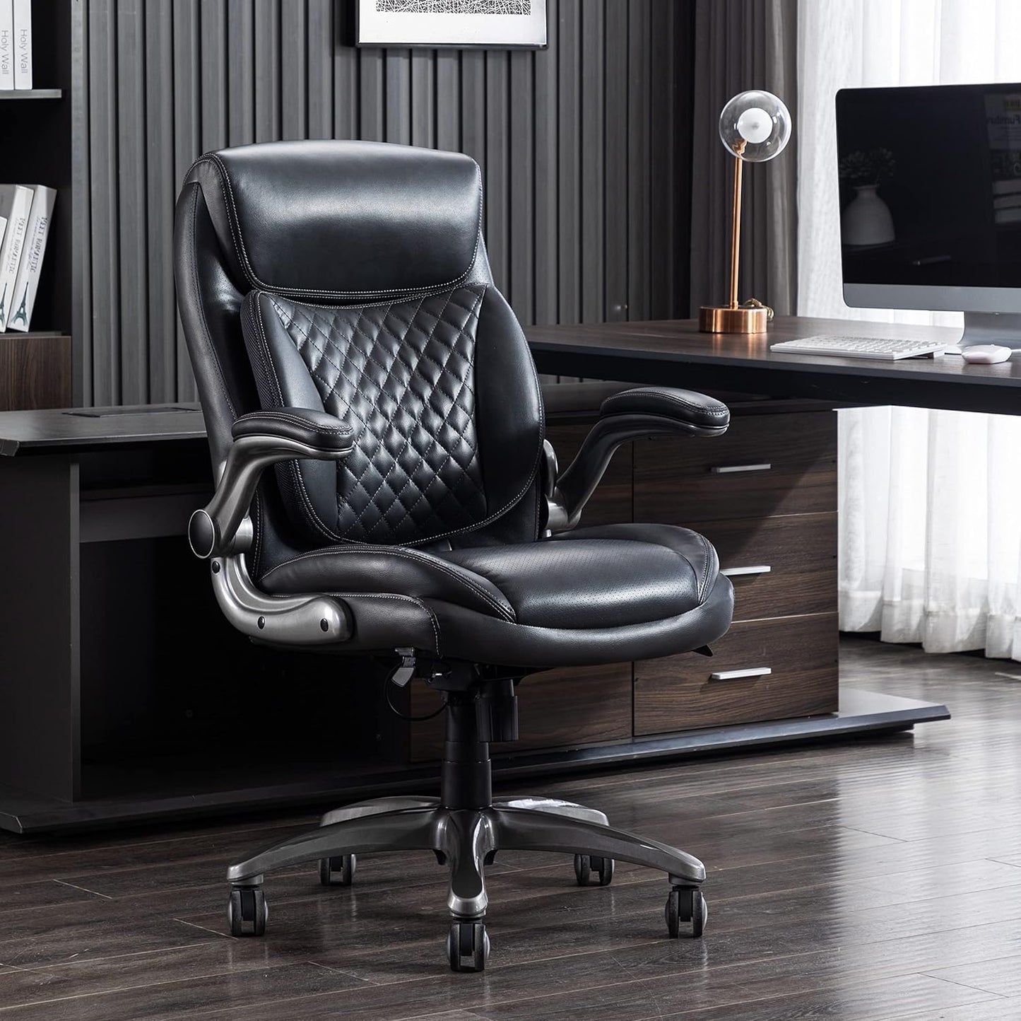 Amazon Basics Ergonomic Executive Office Desk Chair with Lumbar Support, Flip-up Armrests, Adjustable Height, Grey Leather
