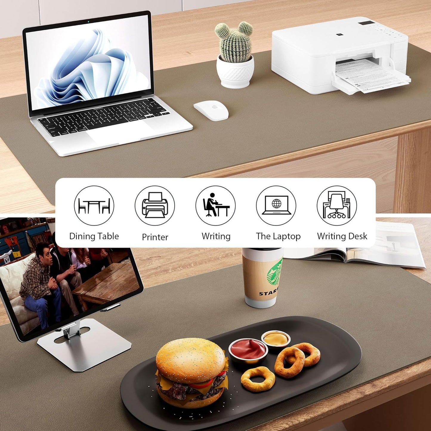 Aothia Dual-Sided Desk Mat - Leather & Cork Desk Protector, Large Mouse Pad & Writing Pad for Office/Home, Coffee (25.6"x13.7")