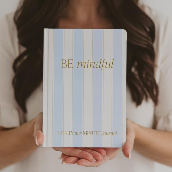 Sweet Water Decor Be Mindful Daily Journal, Cute Prompted Notebook for Women, 200 Ruled Pages for Morning & Evening Reflection, Stripe Matte Laminate Hardcover Diary with Gold Foil Details