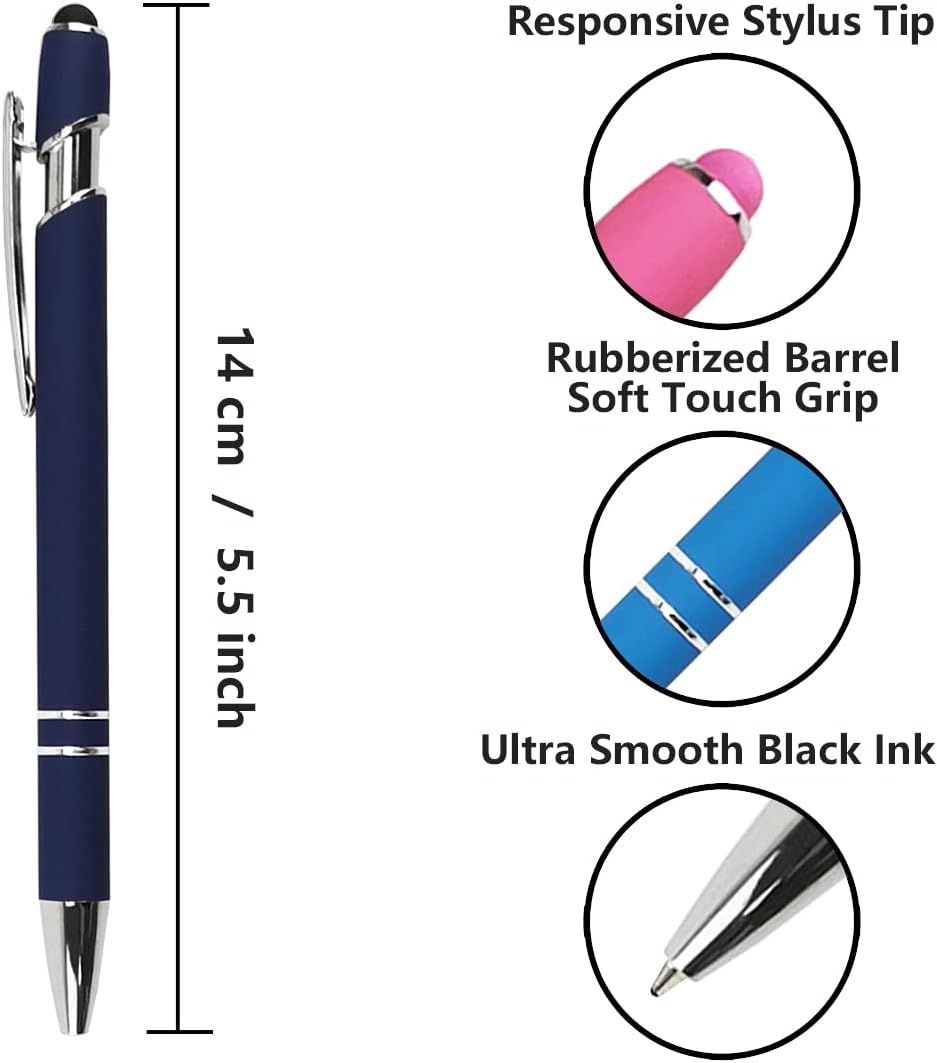 Ballpoint Pen with Stylus Tip, Soft Touch Click Metal Pen, 1.0mm Medium Point, Black Ink, 12 Count(Mixed Color)
