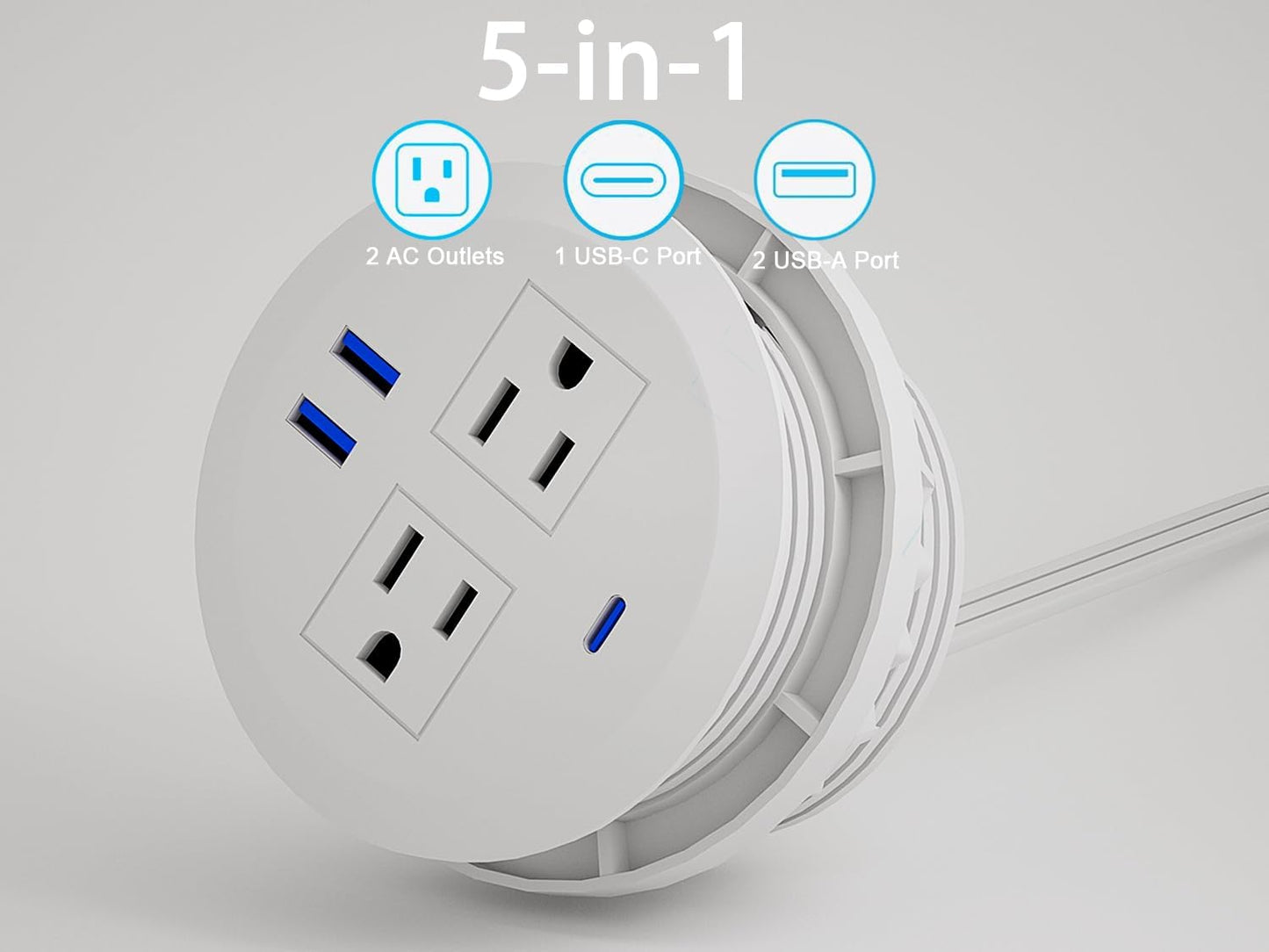 3 Inch Power Grommet,10ft Cord,20W USB C Fast Charging Station,3 USB Ports,Flush Mount.Round Recessed Power Center Desk Hole Grommet Outlet for Workspace,Couch,White