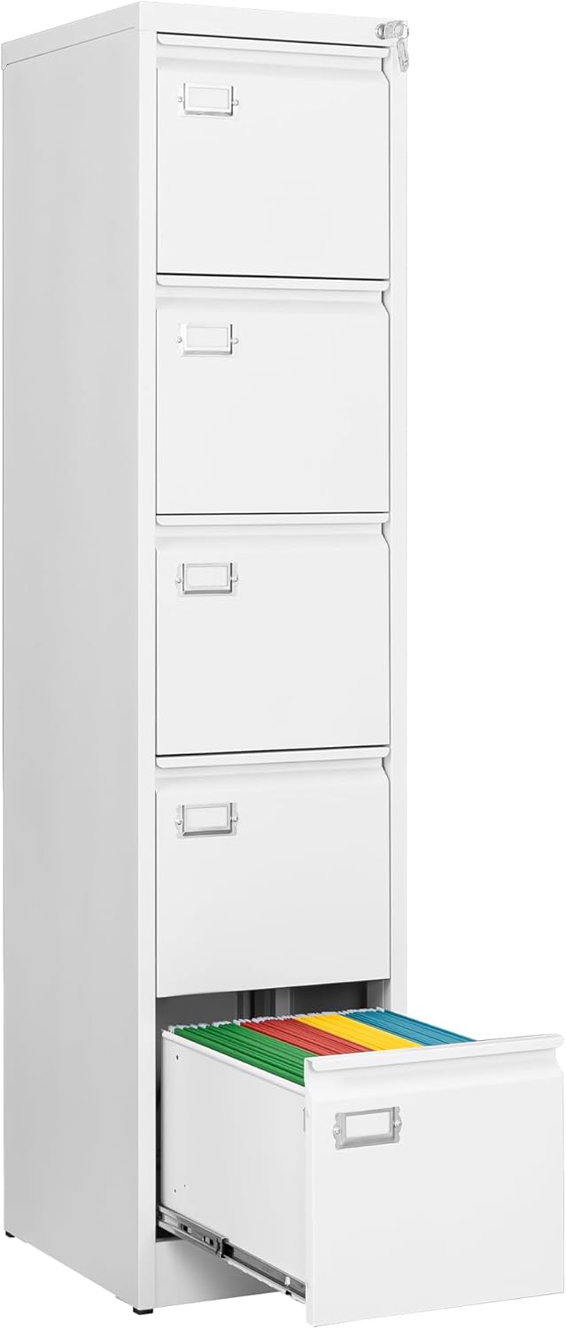 File Cabinets - 5 Drawers Vertical 17.8" Deep Lockable Filing Cabinet - White Metal Storage Cabinets for Home Office to Hanging Files Letter/Legal/F4/A4 Size