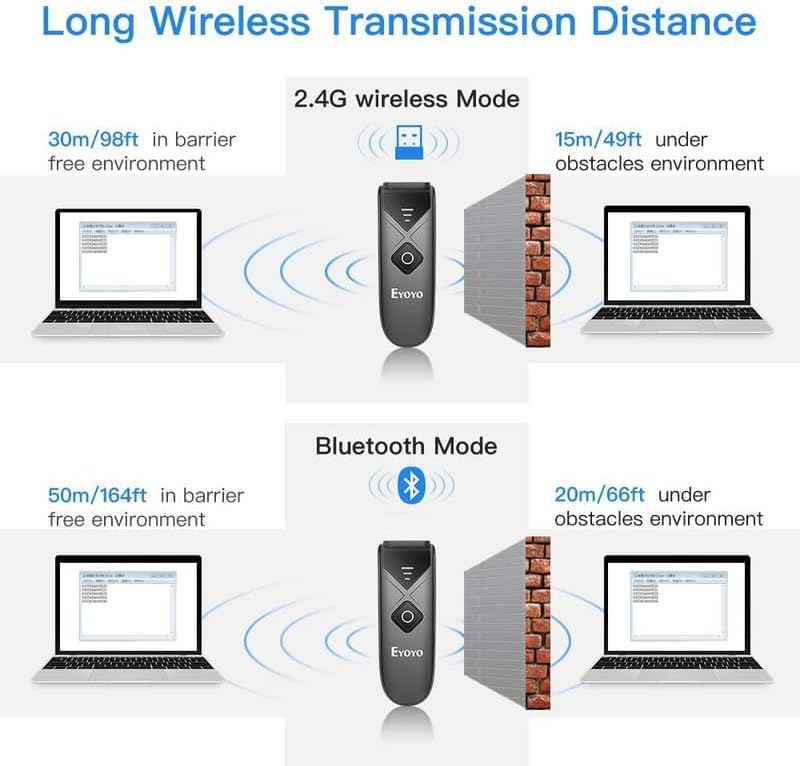 2-Pack Eyoyo Mini QR 2D&1D Bluetooth Barcode Scanner Portable Wireless Barcode Reader with USB Wired/Bluetooth/ 2.4G Wireless Connection for Phone, Android, Tablet, Laptops