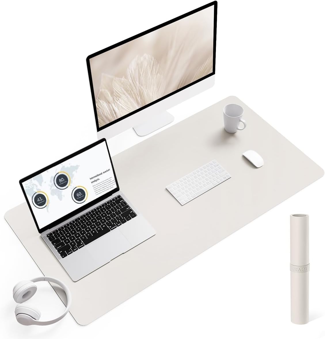 YSAGi Non-Slip Leather Desk Pad L Size, Waterproof Laptop Computer Desk Keyboard Mat, Table Protector Blotter Mat, Large Mouse Pad for Office/Work/Home/Decor(Apricot Gray, 35.4" x 17")
