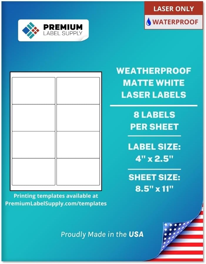 Premium Label Supply Waterproof White Address Sticker Labels – 4" x 2.5" – Laser Printers Only – (8 per Sheet), 100 Sheets - 800 Total Adhesive Labels