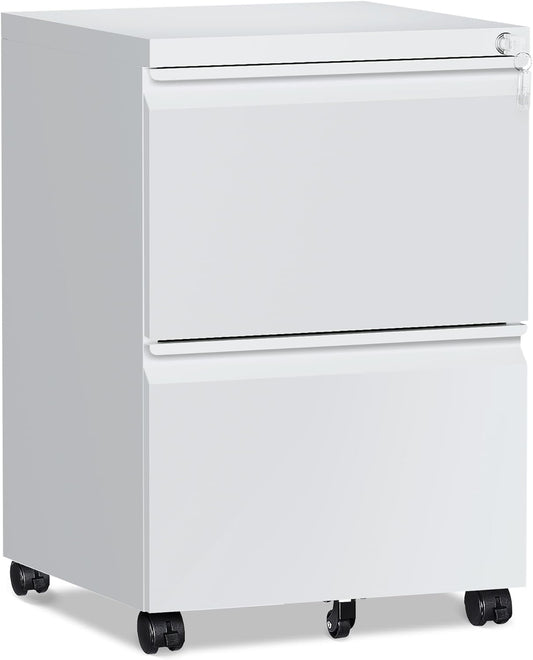 2 Drawer File Cabinet，Mobile Filing Cabinet with Lock and Wheels，Un-Assembled Metal Under Desk File Cabinets for A4/Letter/Legal Size（White