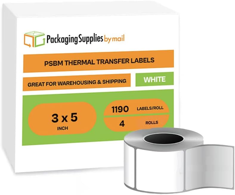 PSBM Thermal Transfer Labels, 3x5 Inch, 4 Rolls, 1190 Labels/Roll, 3 Inch Core, Perforated, Must Have Thermal Ribbon (Not Included)