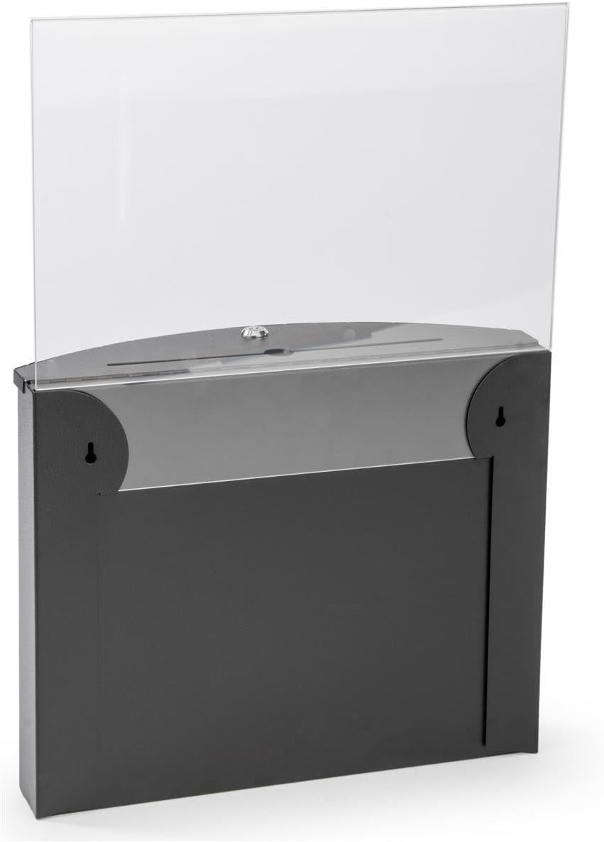 Ballot and Suggestion Box, Locking, Includes 17" x 11" Sign Holder, Pocket for Papers (Black, Metal)