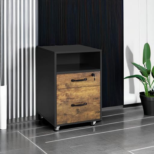 Yaheetech File Cabinet, Under Desk Vertical Cabinet With 2 Drawers and Open Compartment, Printer Stand with Lockable Wheels for A4 Letter Size Hangable File Folders for Home Office(Black/Rustic Brown)