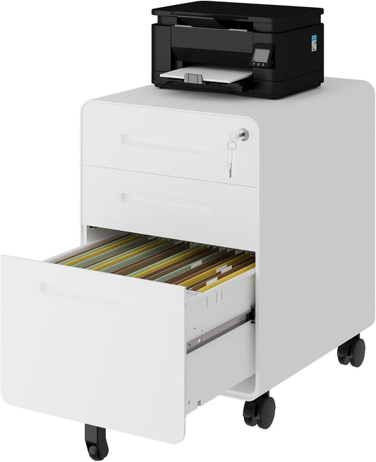 Rolling File Cabinet with Lock, 3 Drawer Metal Mobile Filing Cabinet Office Under Desk for Legal/Letter Size, Fully Assembled Except Casters