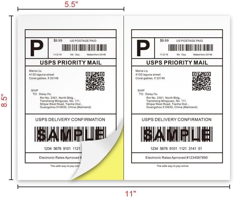 [100 Sheets; 200 Labels] Half Sheet Self Adhesive Shipping Label for Laser & Inkjet Printers, 2 Per Page Self Adhesive Mailing Labels – White 8.5'' x 5.5''
