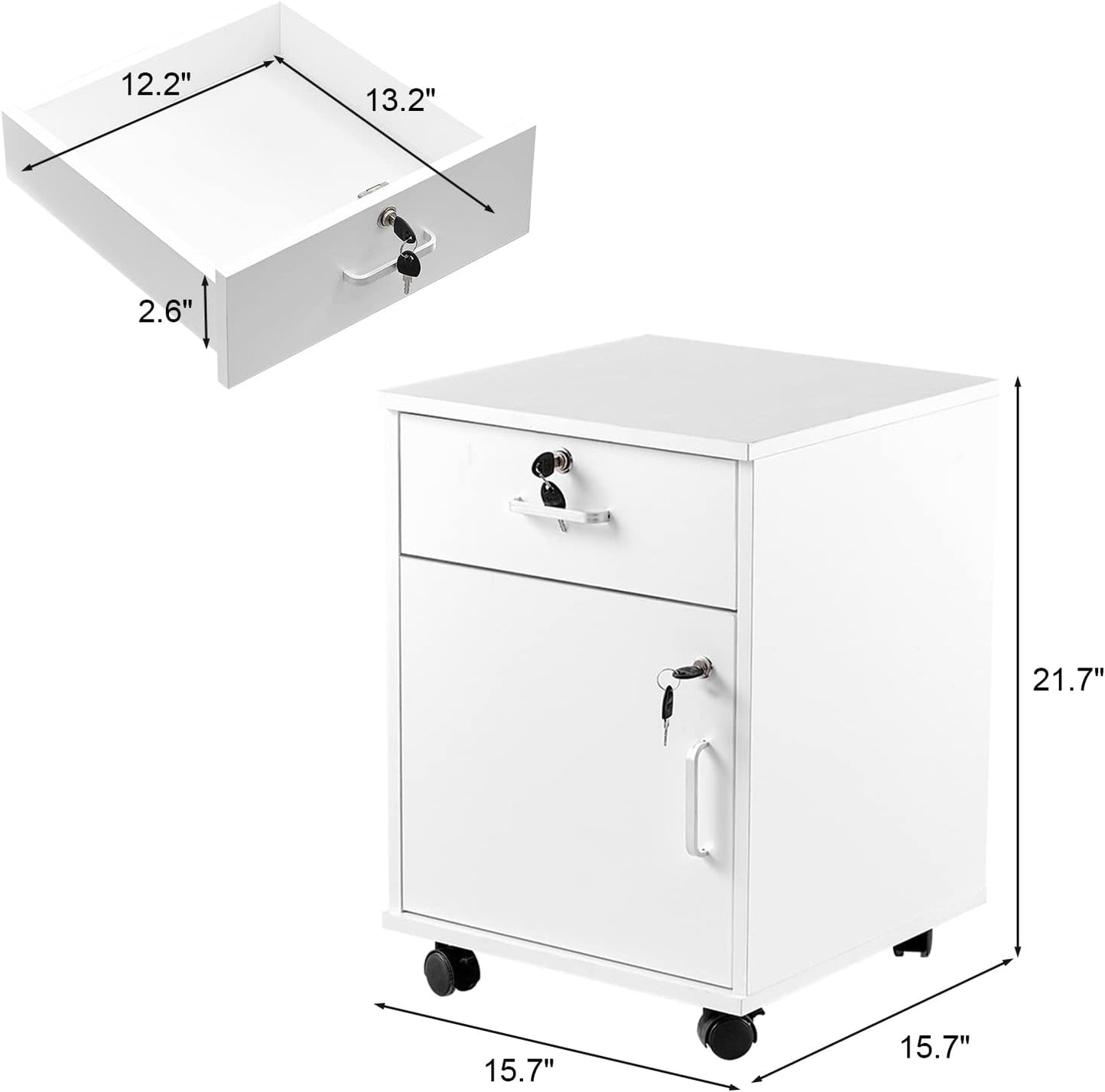 TUKAILAi Mobile File Cabinet with Lockable Drawer & Door, Under Desk Rolling Filing Cabinet with 4 Wheels, Wooden Stationery Storage Cabinet for Home Office (White)