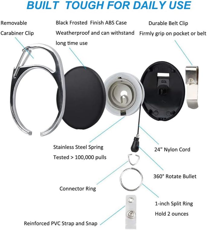YAKESD 50 Packs Heave Duty Badge Reels Retractable with Carabiner Belt Clip and Key Ring, Badge Holders for ID Card Name Keychain(Black, 26.5 Inch Pull Cord)