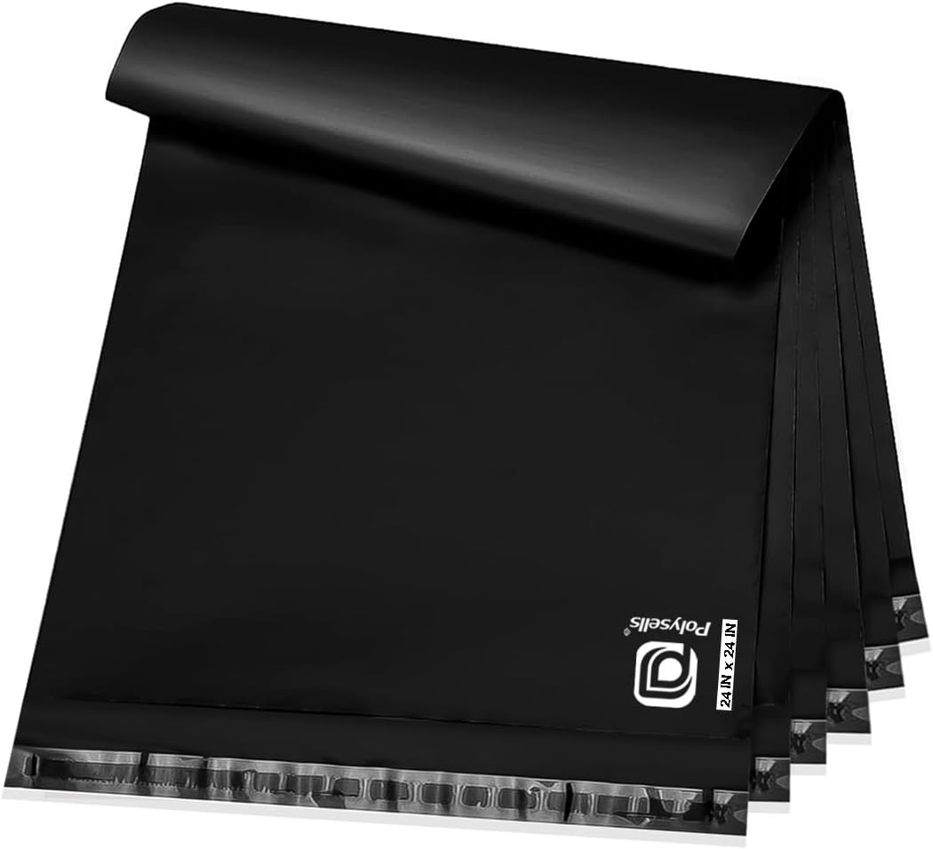 POLYSELLS 100 pcs 24x24 Inches Black Poly Mailers Shipping Envelopes, Strong Adhesive Sealing, Waterproof, and Tear-resistant Postal Mailing Bags for Clothing, Books, and Accessories