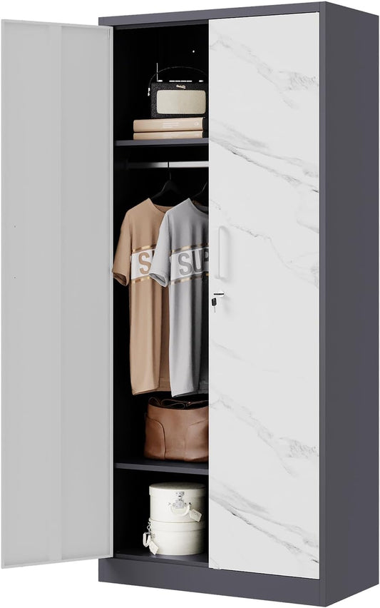Letaya Wardrobe Closet, 72" H Clothing Storage Cabinet with Adjustable Shelves and Hanging Rod, Bedroom Armoire Clothes Organizer (White Gray)