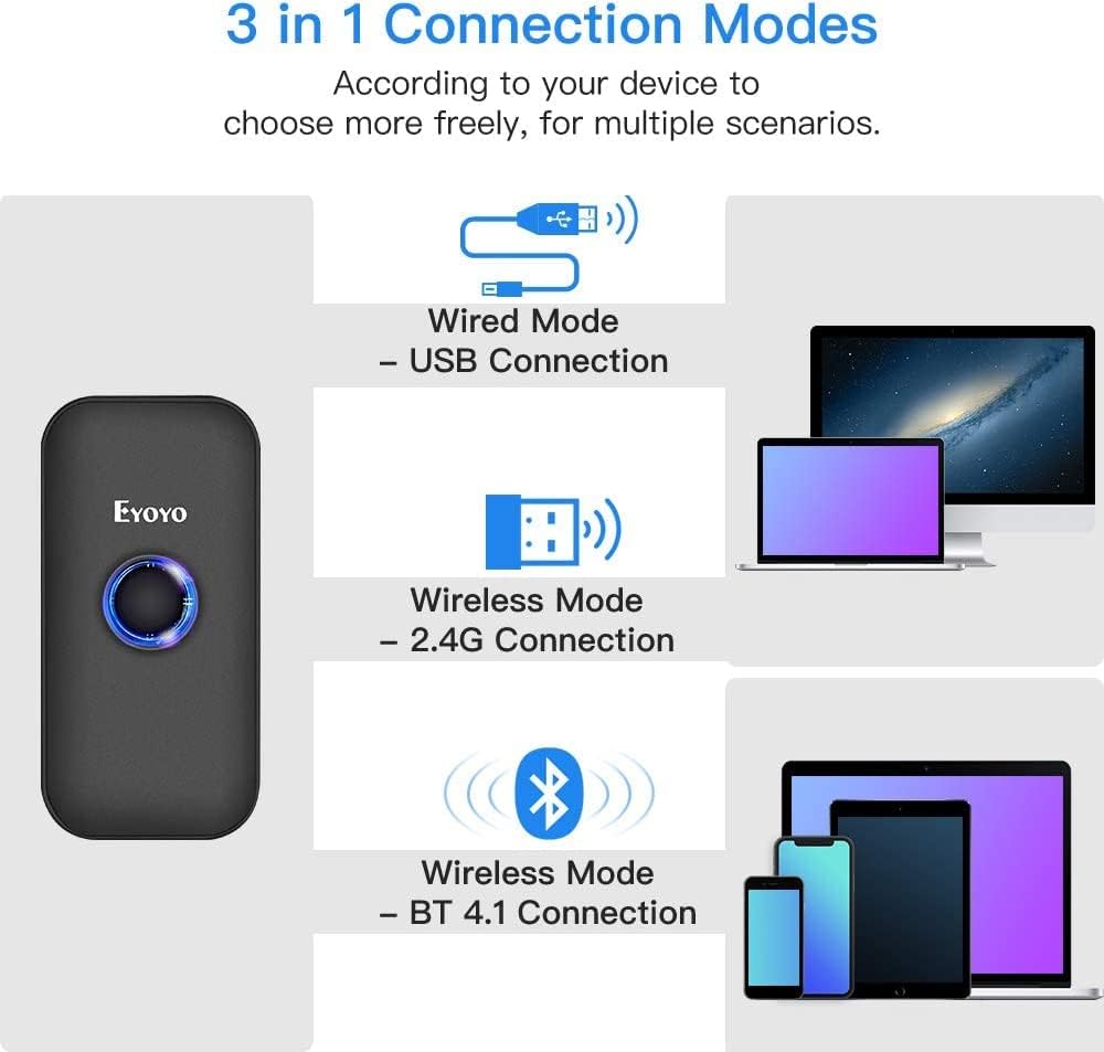 Eyoyo Wireless 1D CCD Barcode Scanner Bluetooth, 2.4G Wireless & Wired 3-in-1 Bar Code Scanner Portable USB 1D ISBN Book Reader, Compatible with Tablet iPhone iPad Android Windows Mac OS