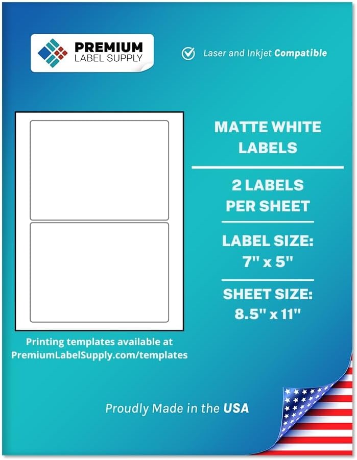 Premium Label Supply White Sticker Shipping Labels – 7" x 5" – Laser/Inkjet Compatible – (2 per Sheet), 500 Sheets – 1000 Total Adhesive Labels