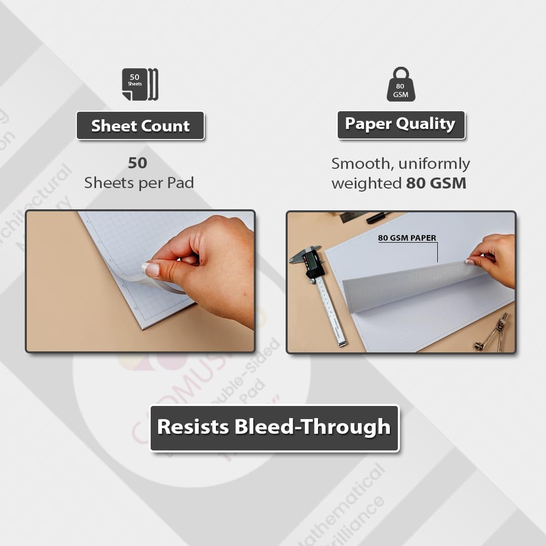 Ledger 17"x11" Large Premium Graph Pad, ¼” Quad-Ruled Grid, 21-Gram Thick Paper, Inch-scale, 50 Sheets/Pad (100/Pack), Top Glue Binding. Sketching & Drafting (2, White)