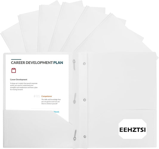 12-Pack Plastic Folders with Pockets and Prongs,2-Pocket Folders with 3 Fasteners, Poly Folders Holds 8-1/2" x 11" Paper for School/Office/Home, White