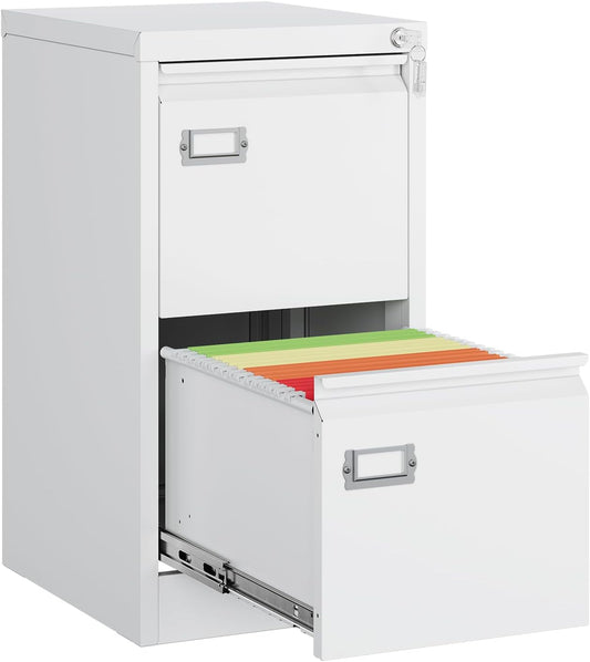MIIIKO White 2 Drawer File Cabinet, Vertical Filing Cabinet with Lock, Home Office Storage Cabinet for Letter Legal A4 File Size