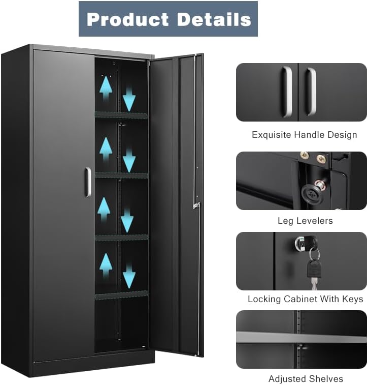 Metal Storage Cabinet with Adjustable Shelves, Garage Cabinet with 2 Lockable Doors, Garage Storage Cabinet, Kitchen Pantry Cabinet - 71'H, Black