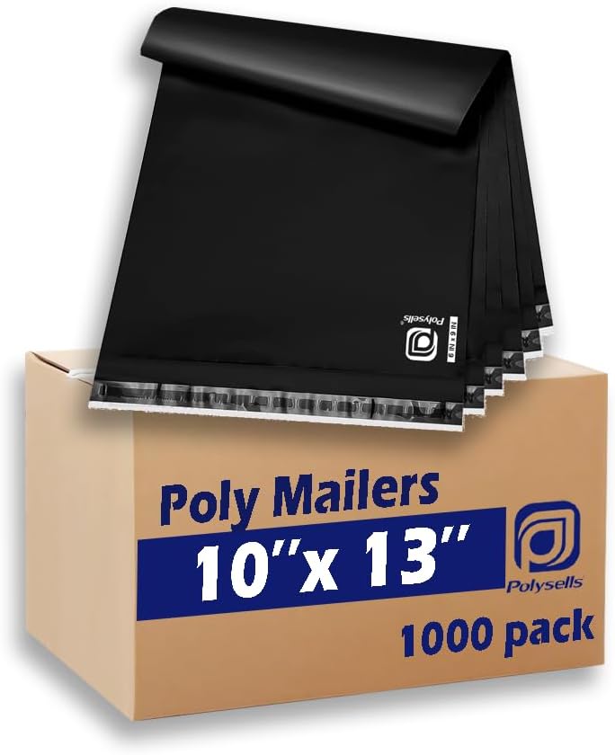 POLYSELLS 1000 pcs 10x13 Inches Black Poly Mailers Shipping Envelopes, Strong Adhesive Sealing, Waterproof, and Tear-resistant Postal Mailing Bags for Clothing, Books, and Accessories