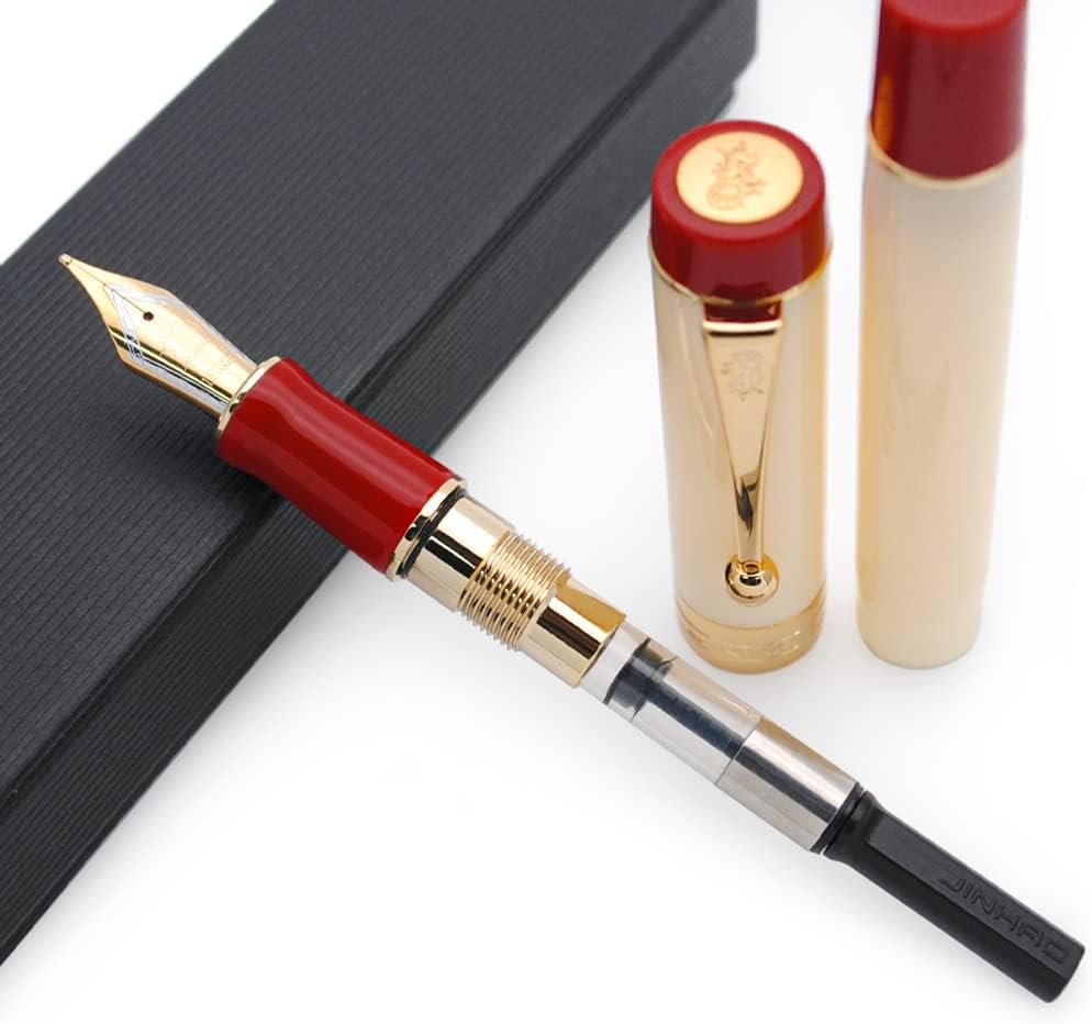 JINHAO 100 Fountain Pen with Ink Converter (Medium Nib 0.7mm, White & Red)