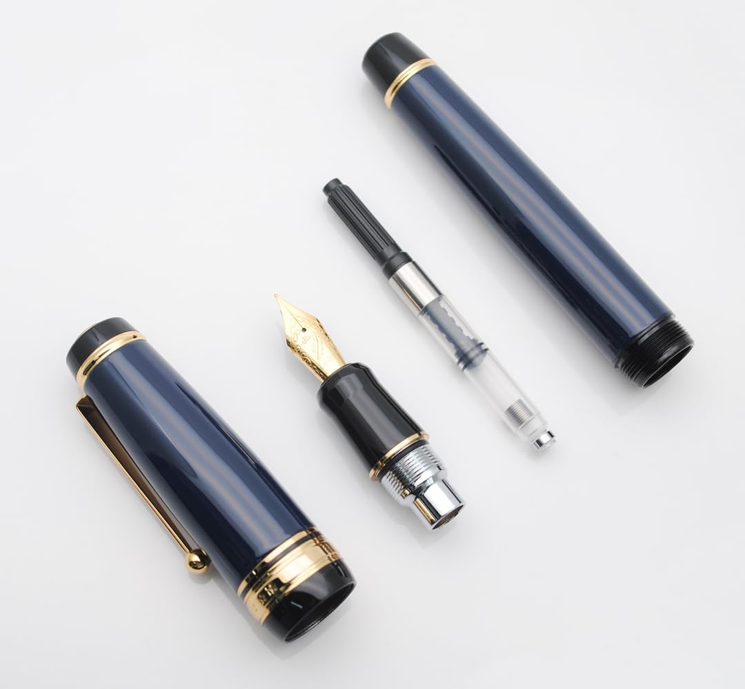 Metal Big Fountain Pen Set Medium Nib 0.7mm, Includes Ink Refill Converter, 5 Ink Cartridges & Gift Box (Medium Nib 0.7mm, Dark Blue)