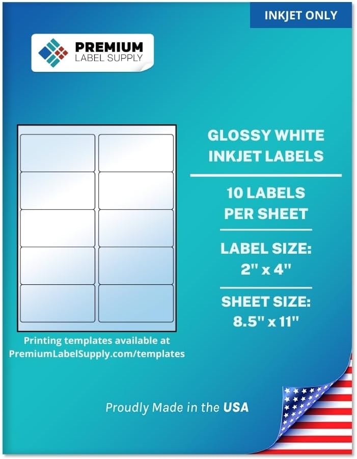 Premium Label Supply Glossy White Sticker Labels – 2" x 4" – (10 per Sheet) (Glossy White for Inkjet Only, 100 Labels)