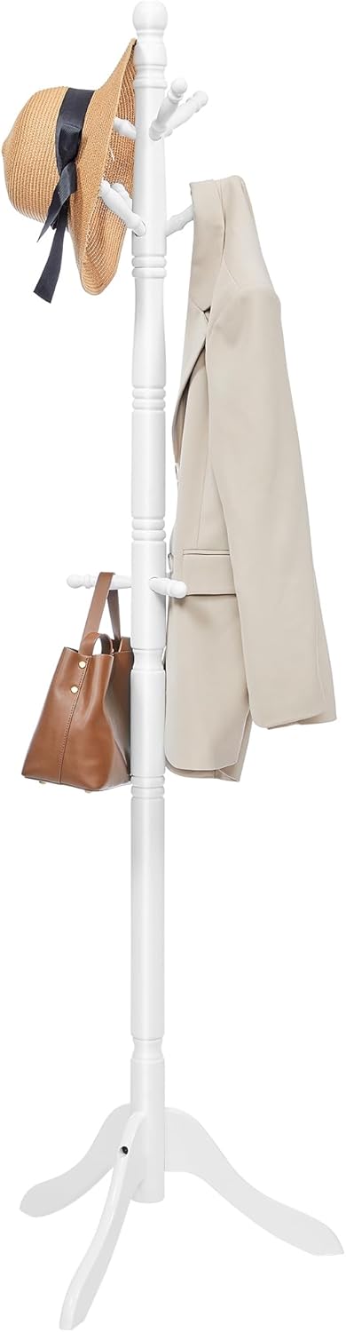 VASAGLE Solid Wood Coat Rack and Stand, Free Standing Hall Coat Tree with 10 Hooks for Hats, Bags, Purses, for Entryway, Hallway, Rubberwood, Cloud White URCR03WT
