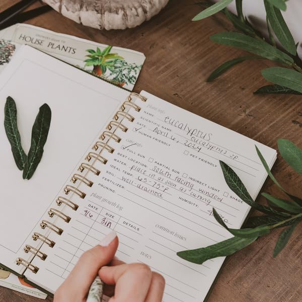Sweet Water Decor Plant Journal, Cute Lined Spiral Notebook for Women, 125 Prompt Pages for Writing & Tracking Plant Growth, Green Matte Laminate Hardcover Diary with Gold Foil Details