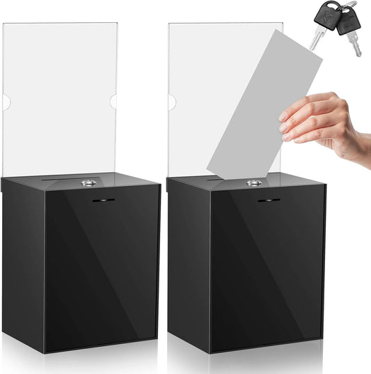 Sweetude 2 Pack Acrylic Donation Box with Lock Tall Tip Jars 8.2 x 6.7 x 5 In Suggestion Ballot Box with Sign Holder Large Locking Raffle Voting Container for Fundraising Ticket Collection(Black)