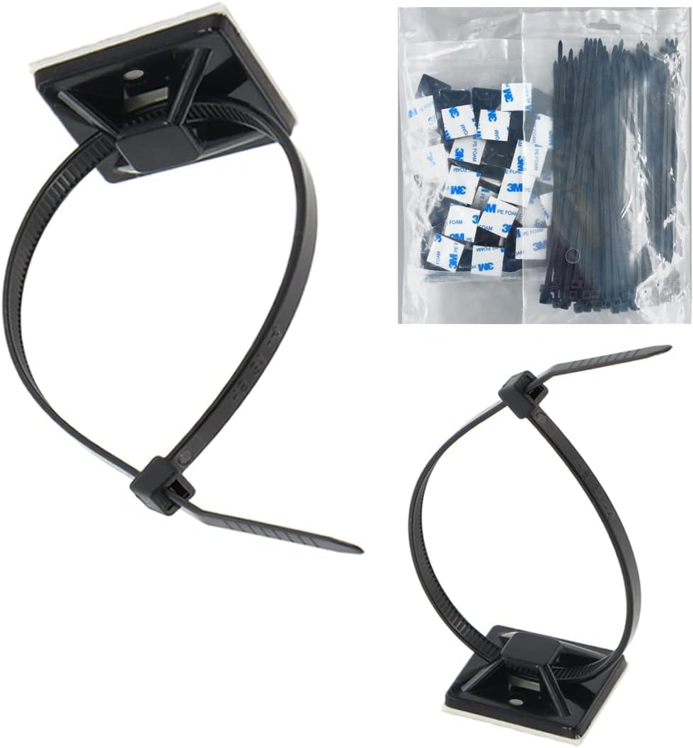 Strong Self Adhesive Wire Clips Cable Zip Tie Mounts 1" with 8 Inch Zipties Black UV Protection Outdoor 100 Pcs,Sticky Wire Fasteners Cable Guide Management Mounting Suqare Holder Anchor Base large