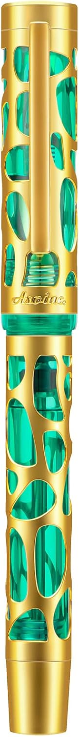 Asvine V169 Vacuum Filling Fountain Pen Iridium Fine Nib, Water Drop Skeleton Gold Trim Transparent Green Acrylic Pen Case Set