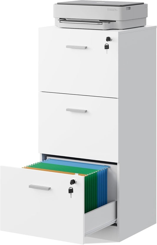 DEVAISE 3 Drawer File Cabinet with Lock, Vertical Wood Filing Cabinet for Home Office, Printer Stand for Letter and A4 Size, White