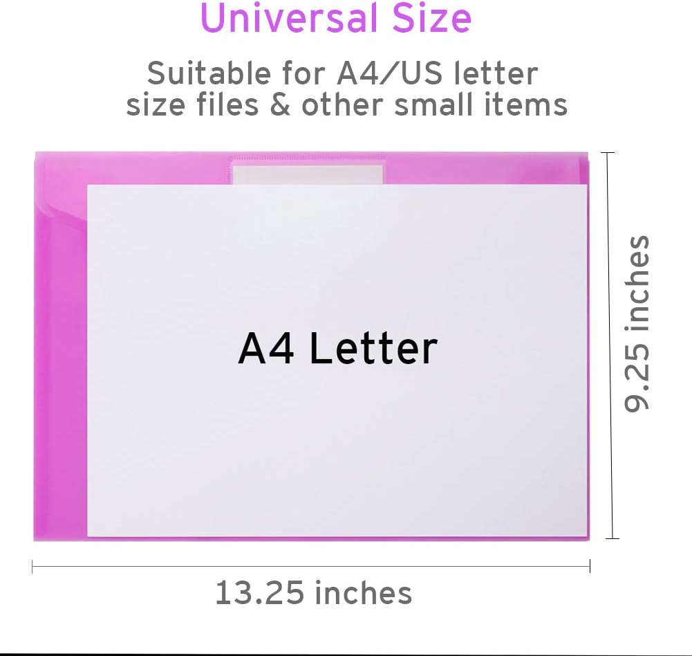 Sooez 20 Pack Folders Plastic Envelopes, Clear Plastic File Folder for Document, Letter A4 Size Poly File Envelopes with Label Pocket, Snap Button for Home Work Office Organizer, 5 Colors