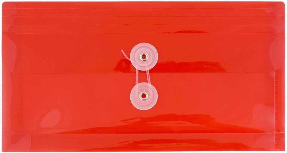 JAM PAPER Plastic Envelopes with Button & String Tie Closure - #10 Business Booklet - 5 1/4 x 10 - Red - 12/Pack