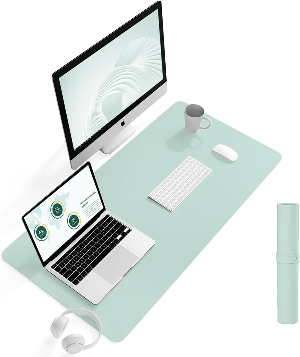 YSAGi Non-Slip Leather Desk Pad L Size, Waterproof Laptop Computer Desk Keyboard Mat, Table Protector Blotter Mat, Large Mouse Pad for Office/Work/Home/Decor(Mint Green, 35.4" x 17")